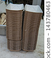 Stacks of Disposable Biodegradable Kraft Paper Food Trays and Wo 143780463