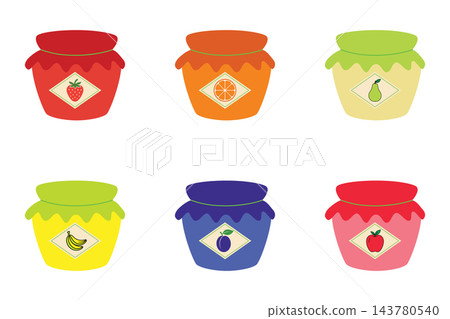 Set of jars with various fruit jams. Vector illustration Set of jars with various fruit jams. Vector illustration 143780540