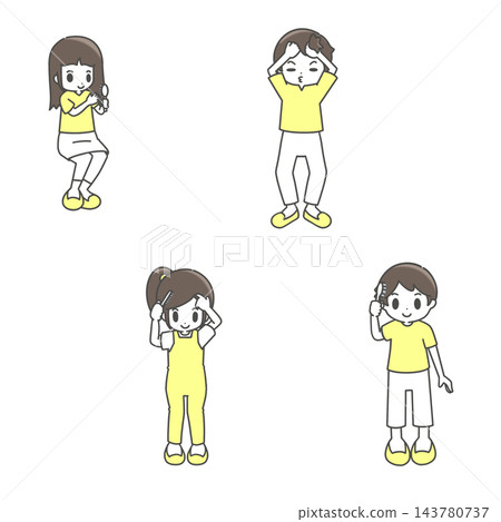 一組描繪兒童梳頭和整理儀容的插圖。 一組描繪兒童梳頭和整理儀容的插圖。 143780737