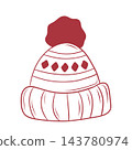 Winter knitted hat with pompom in red line art vector illustration 143780974