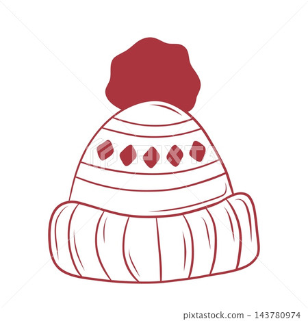 Winter knitted hat with pompom in red line art vector illustration 143780974