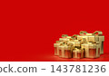 Elegant Golden Gift Boxes on Vibrant Red Background with Copy Space 3d render 143781236
