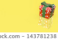 Colorful Red Polka Dot Gift Box with Green Ribbon on Bright Yellow Background 3d render. 143781238