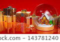 Magical Christmas Snow Globe with Golden Gift Boxes on Festive Red Background 3d render. 143781240