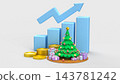 Christmas Sales Growth Concept with Rising Blue Chart Golden Coins and Festive Tree 3d render. 143781242