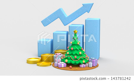 Christmas Sales Growth Concept with Rising Blue Chart Golden Coins and Festive Tree 3d render. 143781242