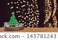 Festive Christmas Tree with Colorful Gift Boxes on Wooden Table and Golden Bokeh Lights Background 3d render. 143781243