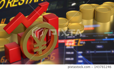 Japanese Yen Symbol with Rising Chart and Gold Coins 3d render. 143781246