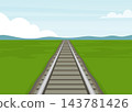 straight railway track stretching through green fields toward distant horizon 143781426