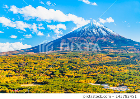 山梨縣:從紅葉台眺望,青木原森林和富士山被秋色染成一片火紅。 山梨縣:從紅葉台眺望,青木原森林和富士山被秋色染成一片火紅。 143782451