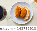 Hearty homemade food - crispy cutlets cooked in breadcrumbs, complemented with piece of bread. 143782913