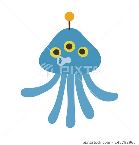A cute blue, octopus-shaped, three-eyed alien illustration with an antenna on its head. A cute blue, octopus-shaped, three-eyed alien illustration with an antenna on its head. 143782965