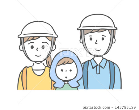 An illustration of a couple with a child wearing helmets. 143783159