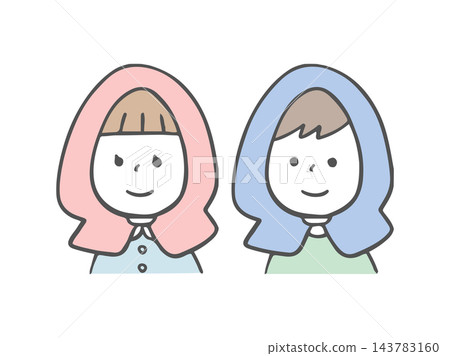 圖中描繪了一名小學生和一名小學生戴著防災帽。 143783160