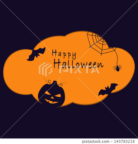 Halloween greeting card with an orange paper cut cloud, bats, pumpkin, cobweb and festive lettering. Layered vector illustration with soft shadows for autumn party invitations and Halloween greetings. Halloween greeting card with an orange paper cut cloud, bats, pumpkin, cobweb and festive lettering. Layered vector illustration with soft shadows for autumn party invitations and Halloween greetings. 143783218