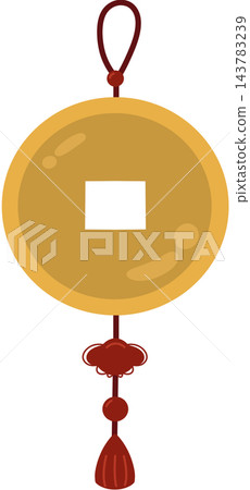 Golden Chinese antique coin with red tassel hanging ornament Golden Chinese antique coin with red tassel hanging ornament 143783239