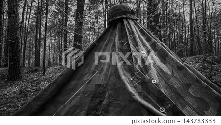 WWII German military camp with Zeltbahn tent and ammo crates in forest WWII German military camp with Zeltbahn tent and ammo crates in forest 143783333
