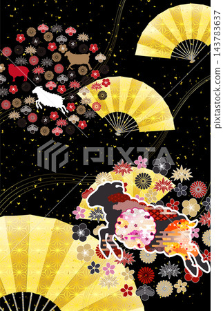 A luxurious black design featuring a golden fan and traditional Japanese floral patterns. A luxurious black design featuring a golden fan and traditional Japanese floral patterns. 143783637