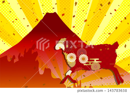 A vibrant, radiating yellow light and the silhouette of Mount Fuji, along with traditional floral patterns. 143783638