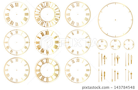 Roman numeral clock face collection, gold hands. Roman numeral clock face collection, gold hands. 143784548