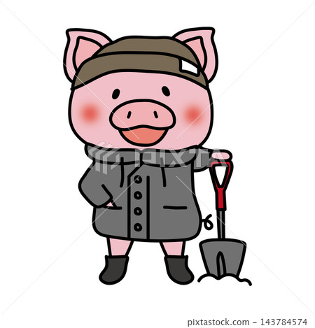 A pig holding a snow shovel. 143784574