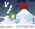 New Year's card template featuring a pair of cranes, Mount Fuji, and the first sunrise of the year. 143784749