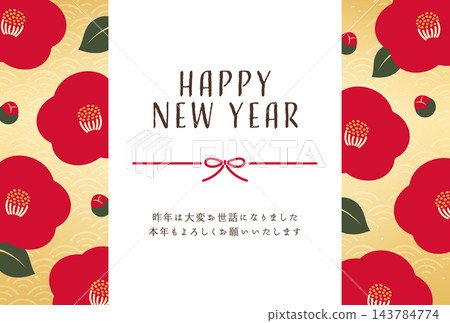 日式現代新年賀卡模板，以紅色山茶花為背景插圖 143784774