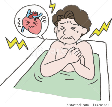 Full-color illustration of an elderly man complaining of chest pain in the bath, hand-drawn style (heat shock, myocardial infarction) Full-color illustration of an elderly man complaining of chest pain in the bath, hand-drawn style (heat shock, myocardial infarction) 143784832