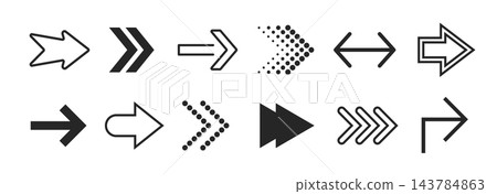 Different arrow icon set. Dotted and linear direction symbol collection. Black pointer arrows pack for navigation, infographic, movement design, process. Various cursor sign element bundle. Vector Different arrow icon set. Dotted and linear direction symbol collection. Black pointer arrows pack for navigation, infographic, movement design, process. Various cursor sign element bundle. Vector 143784863
