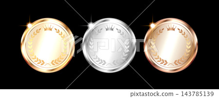 一套閃亮的金色、銀色和青銅色空白獎牌/徽章圖示(不含文字框)。 一套閃亮的金色、銀色和青銅色空白獎牌/徽章圖示(不含文字框)。 143785139