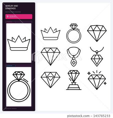 Jewelry and Diamond Line Icons Precious Ring Gemstone Pendant Set Jewelry and Diamond Line Icons Precious Ring Gemstone Pendant Set 143785233