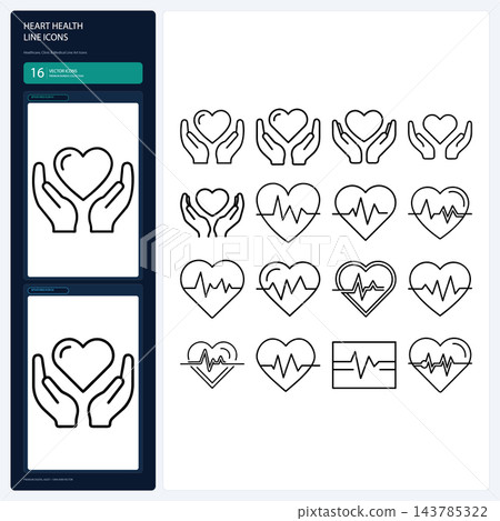 Heart Health Line Icons Cardiology Pulse ECG Cardio Healthcare Set Heart Health Line Icons Cardiology Pulse ECG Cardio Healthcare Set 143785322
