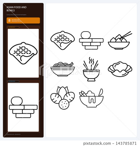 Asian Food Bowl Line Icons Noodle Ramen Chopstick Meal Set 143785871