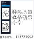 Business Strategy and Gears Cogwheel Mechanism Workflow Line Icons 143785998