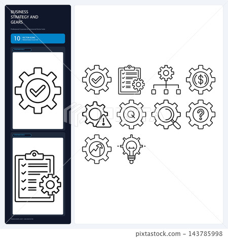 Business Strategy and Gears Cogwheel Mechanism Workflow Line Icons Business Strategy and Gears Cogwheel Mechanism Workflow Line Icons 143785998