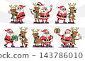 Santa Claus and reindeer retro 1930s style rubber hose cartoon characters set for christmas design, featuring friendly poses, hugging, holding gift, ringing bell, waving hand. Vector illustration. 143786010