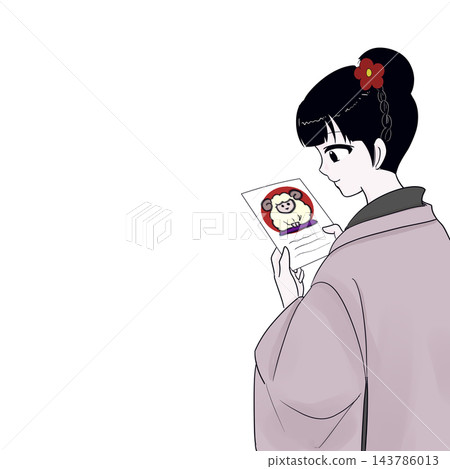 一位穿著和服的女子正在查看收到的新年卡片;新年祝福 一位穿著和服的女子正在查看收到的新年卡片;新年祝福 143786013