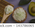 A spoon holds avocado scrub in closeup . 143786065