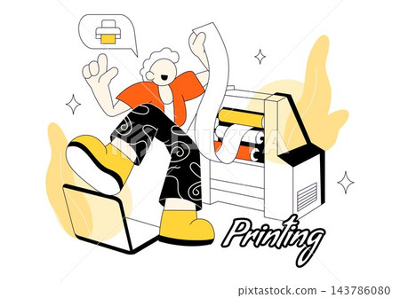 Printing Vector Illustration Featuring Digital Print Services, Colorful Inkjet Printer, Paper Sheets, Graphic Design, and Publishing Technology Printing Vector Illustration Featuring Digital Print Services, Colorful Inkjet Printer, Paper Sheets, Graphic Design, and Publishing Technology 143786080
