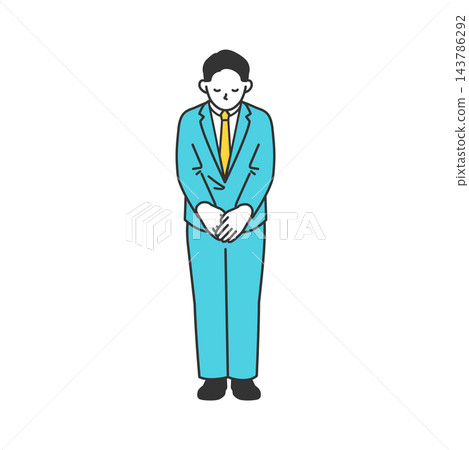 Line art of a full-body male businessman bowing respectfully to express gratitude or apology. Line art of a full-body male businessman bowing respectfully to express gratitude or apology. 143786292