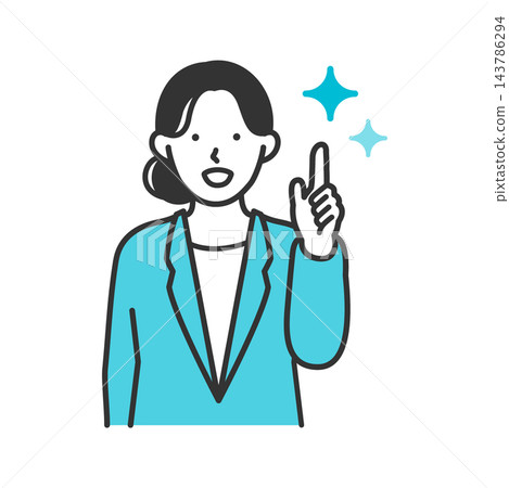 一幅線條畫插圖，描繪了一位女商務人士用手指著重點或解決方案。 143786294