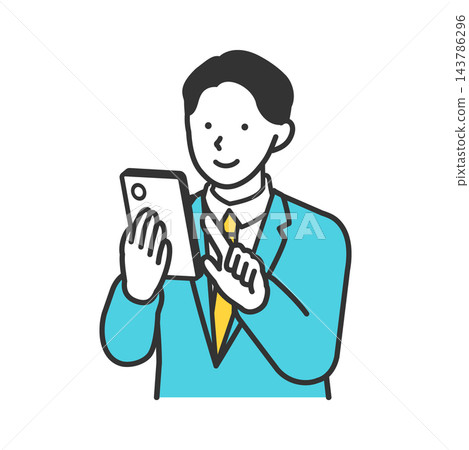 簡筆畫插圖,描繪了一位男性商務人士使用智慧型手機快速溝通和使用應用程式的場景。 簡筆畫插圖,描繪了一位男性商務人士使用智慧型手機快速溝通和使用應用程式的場景。 143786296
