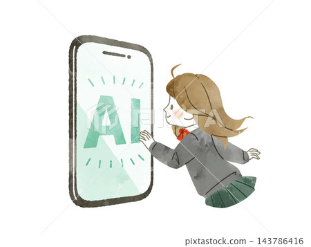 一位高中女生伸手觸摸她智慧型手機的AI螢幕——水彩畫 143786416