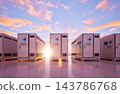 Group of energy storage systems or battery container units with sunset sky background 143786768