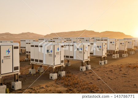 Group of energy storage systems or battery container units in desert Group of energy storage systems or battery container units in desert 143786771