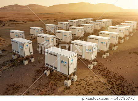 Group of energy storage systems or battery container units in desert Group of energy storage systems or battery container units in desert 143786773