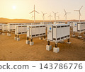 Group of energy storage systems or battery container units in desert 143786776