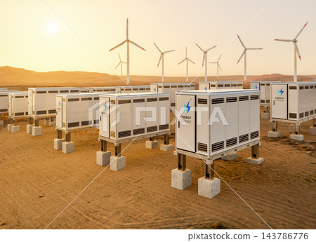 Group of energy storage systems or battery container units in desert 143786776