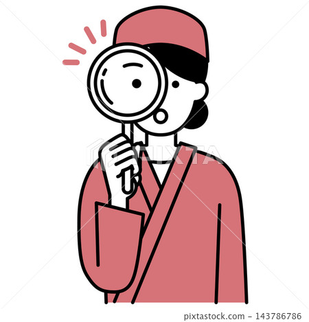 A female employee at a Japanese restaurant peers through a magnifying glass. A female employee at a Japanese restaurant peers through a magnifying glass. 143786786