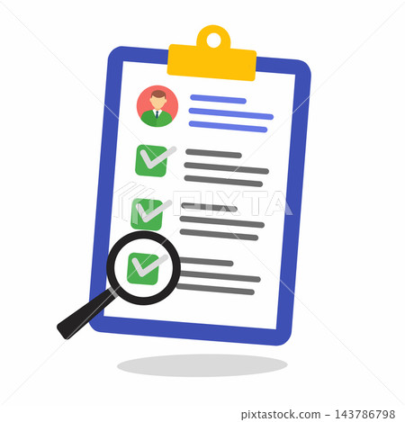 clipboard with a completed checklist and magnifying glass. Concept of task management, productivity, project planning, performance review, or recruitment process. clipboard with a completed checklist and magnifying glass. Concept of task management, productivity, project planning, performance review, or recruitment process. 143786798